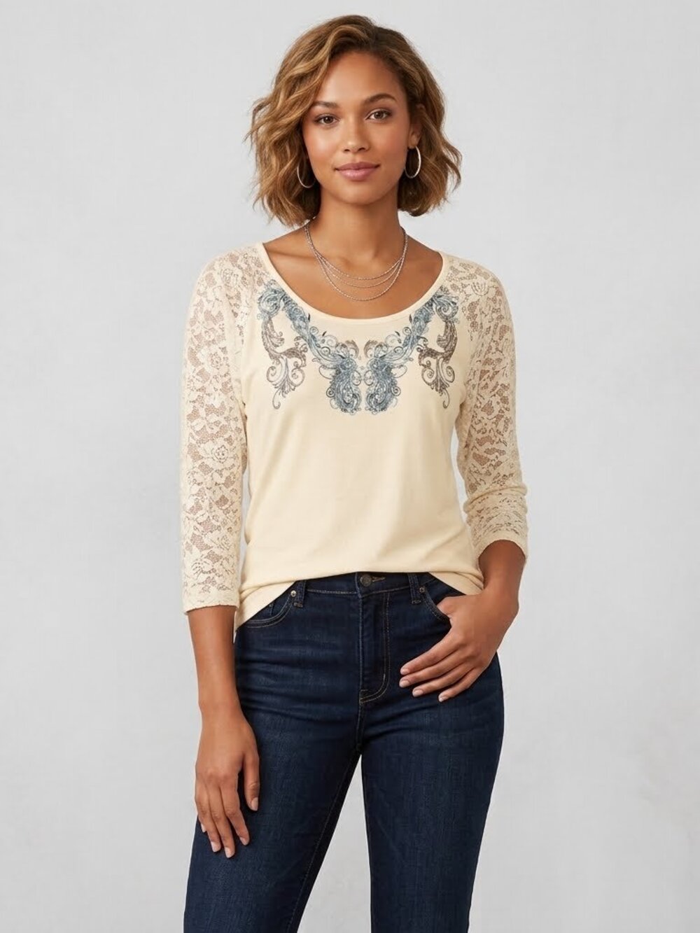 Shyanne Cream Lace Top with Embroidered Detail M